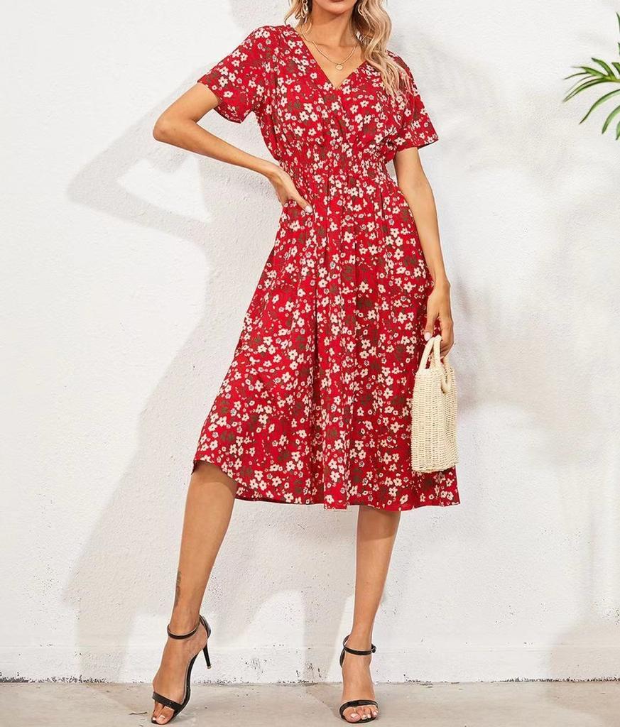 Fashion Women's Casual V-Neck Printed Midi Skirt Elastic Waist Dress