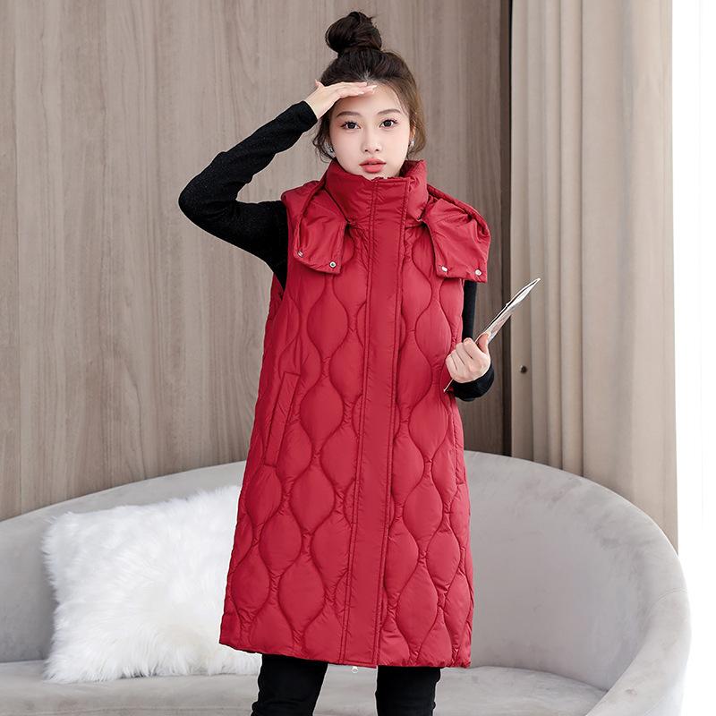 Autumn and Winter Women's Solid Color Vest Hooded Loose Long Windproof Warm Sleeveless Women's Jacket