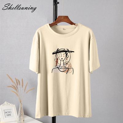Shellsuning Mode Ästhetik Druck T-shirt für Frauen 2023 Sommer Neue Casual Kurzarm Einfache Mädchen Tees Übergroßen Baumwolle Weiche Harajuku tops