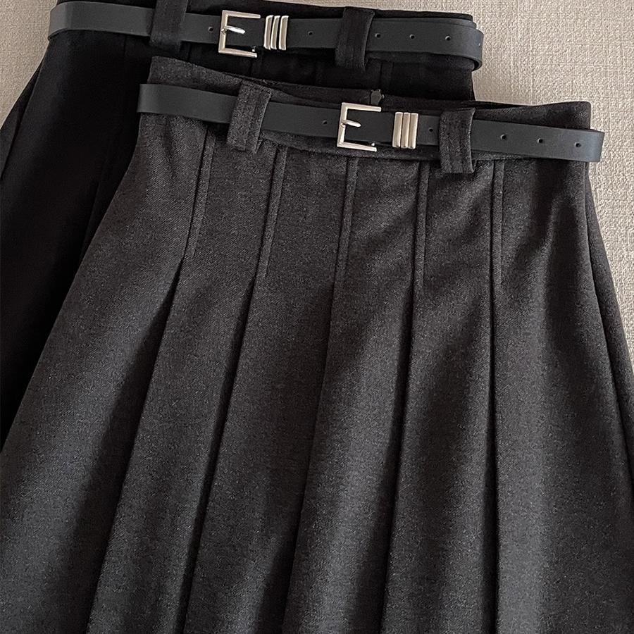 Gray Wool Blend High-Waisted Pleated Skirt for Petite Figures - Mid-Length A-Line Autumn Design