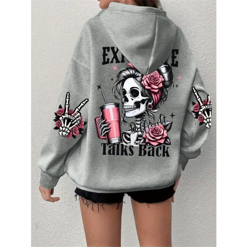Popular Extended Hoodie with Long Sleeves Featuring a Skull And Letter Print, Casual Oversized Sweatshirt