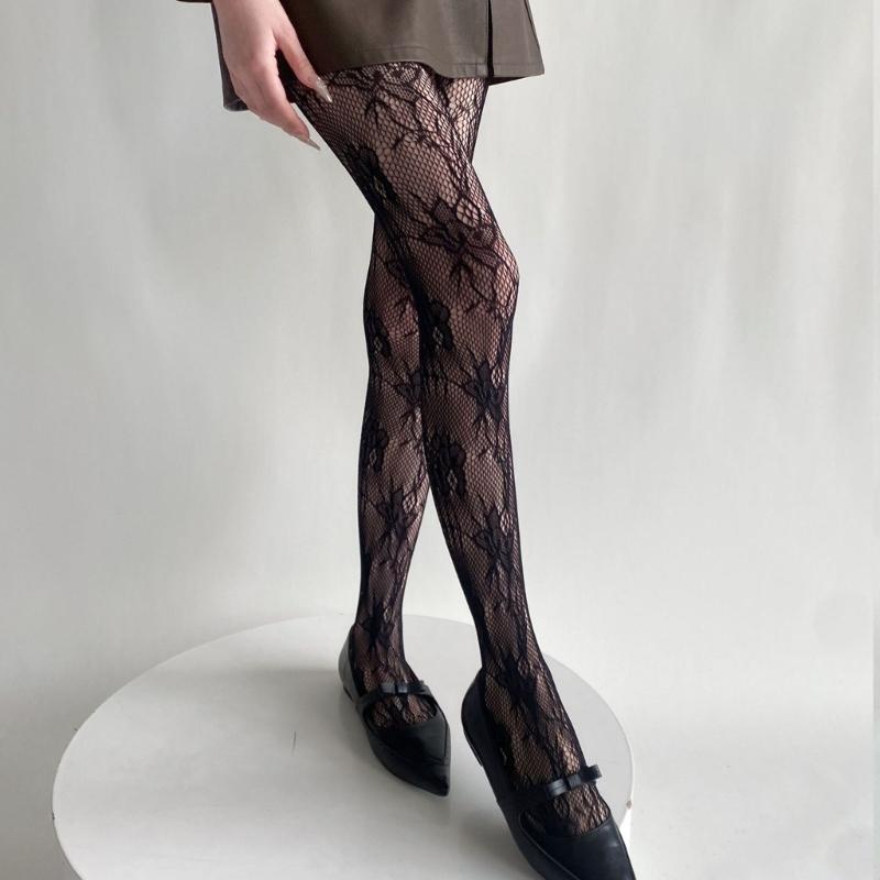 Womens Japanese JK Vintage Flower Jacquard Fishnet Tights Stockings Sexy Hollowed Out Lace Sheer Pantyhose Leggings