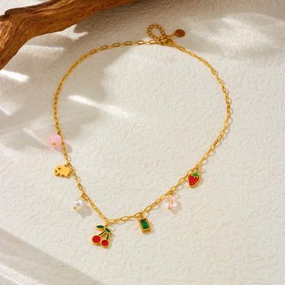 Gold Fruit Charm Necklace, Cherry Strawberry Elephant Pendant Necklace, Cute Dainty Jewelry for Women Daily Wear Gift