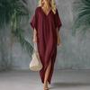 Damen Baumwolle Leinen Langes Kleid Fledermaus Kurzarm V-Ausschnitt Tunika Kleid Sommer Hoher Schlitz Fließendes Strand-Sonnenkleid