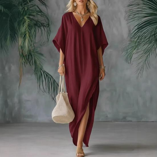 Damen Baumwolle Leinen Langes Kleid Fledermaus Kurzarm V-Ausschnitt Tunika Kleid Sommer Hoher Schlitz Fließendes Strand-Sonnenkleid