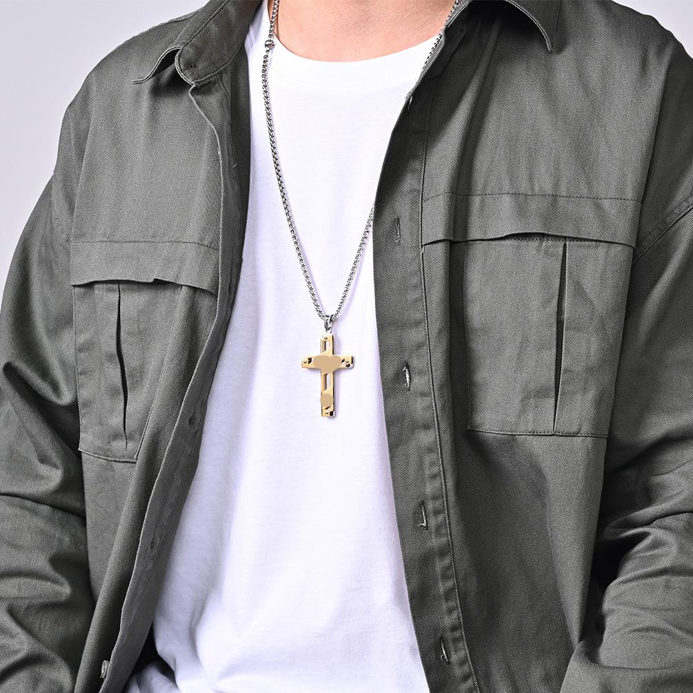 European and American Style Titanium Steel Double Color Cross Necklace Combination with Double Layer Hollow Personality