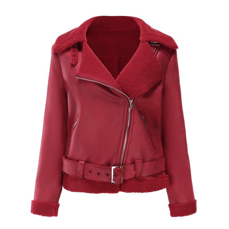 Womens Faux Suede Leather Jacket With Fur Collar Fall Winter Warm Outerwear Long Sleeve Zipper Coat