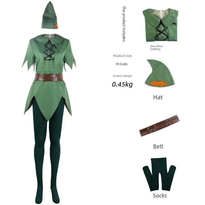 Peter Pan Cosplay Costume Green Fairy Elf Costume Cosplay Stage Performance Outfit Set Green Fairy (Jumpsuit + Hat + Belt + Socks) XS