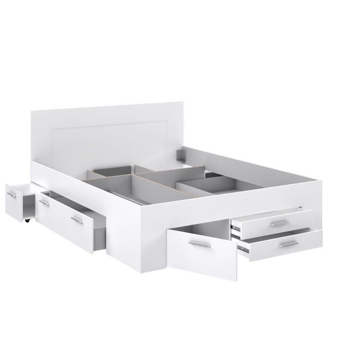Contemporary Adult Bed 160x200 Cm - 4 Drawers - 2 Bedside Tables with Niche - Matt White Decor - UDINE