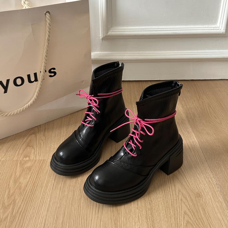 Fashion Cross Lace Up Women Thick Heel Ankle Boots Elegant Back Zippers Shoes Modern Leather Short Botas Para Mujer 35