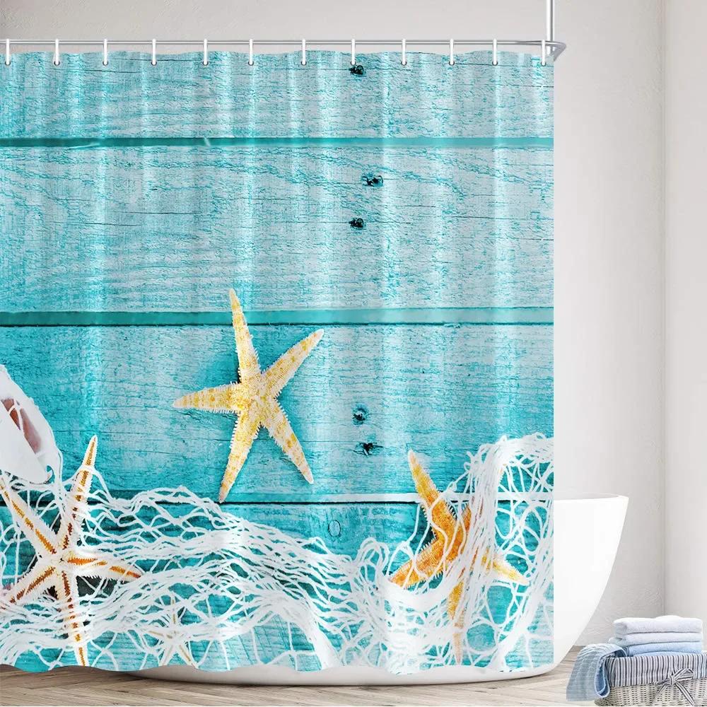 Dusk Sea Wave Beach Shower Curtains Creative Splicing Starfish Sailboat Blue Wooden Board Landscape Home Decor Bathroom Curtain