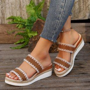 

Women Slope Heel Sandals Thick Bottom Lightweight Non-slip High Heeled Slippers Retro Large Size Comfortable Round Head Shoes 43 коричневий