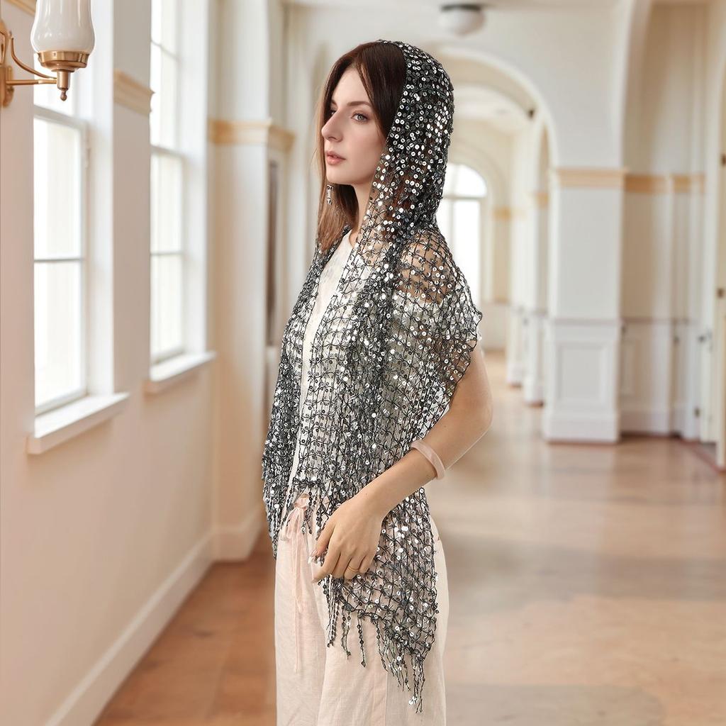 Vintage Golden Sparkle Fringe Scarf Party Shawl Women Luxury Headscarf Sequin Deco Wraps Fringed Bride Bridesmaid Wedding Cape