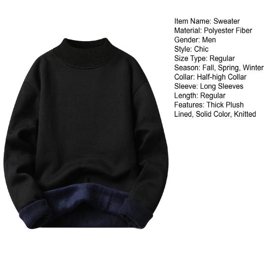 Men Fall Winter Sweater Thick Plush Lined Half-high Collar Knitted Solid Color Elastic Pullover Loose Keep Warm Work School Sweater