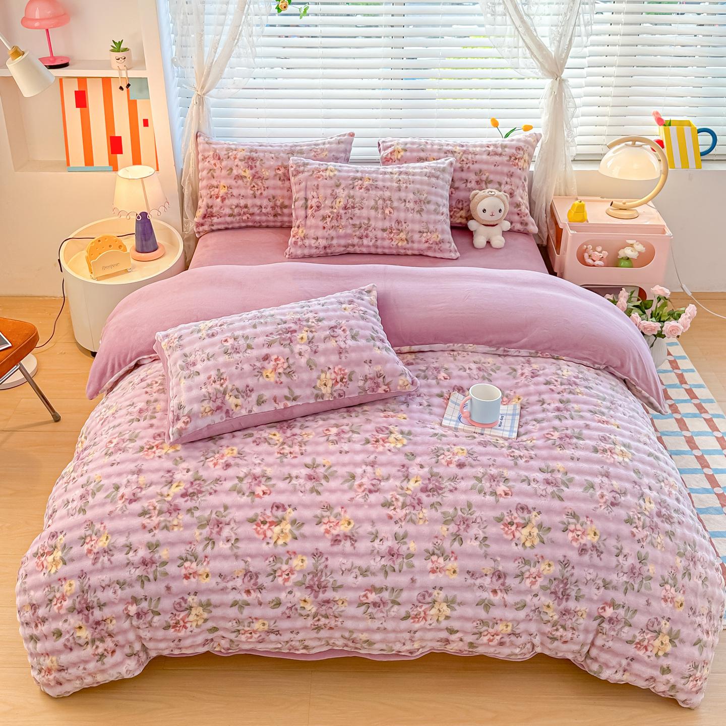 

Thickened Milk Fleece Bubble Fleece Four-Piece Set Student Dormitory Three-Piece Set Bedding Sheets Quilt Cover 1.2m sheet 3pc