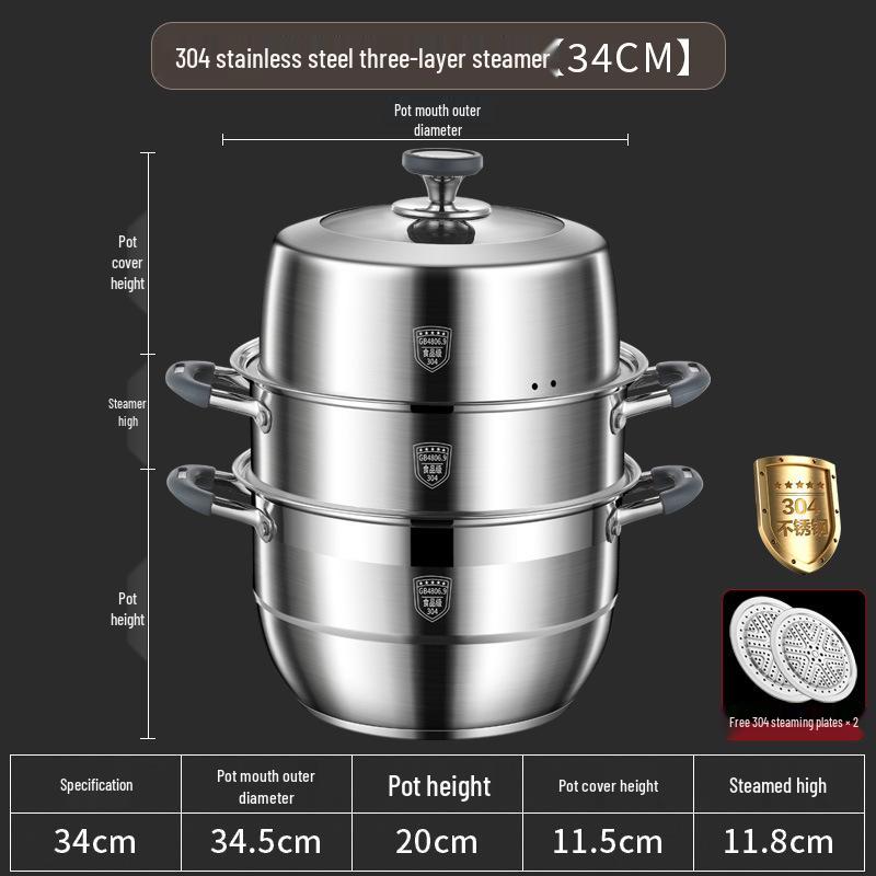 Large Capacity 304 Stainless Steel Steamer Pot with Thickened Multi-Layer Steaming Baskets for Household Use