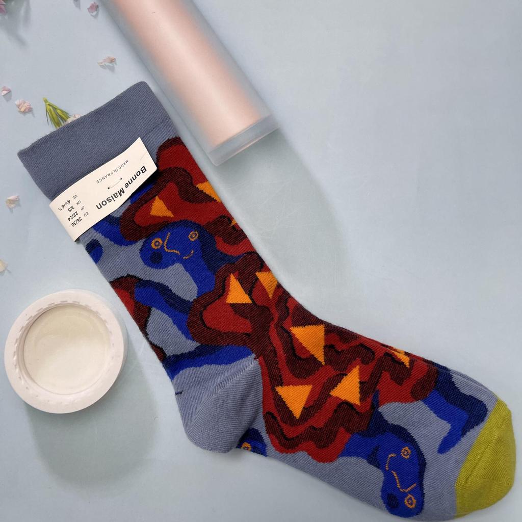 Bonne Maison: Retro-Ölgemälde-Socken für Damen, mittelhoch, luxuriös, französisch, bis zur Wade