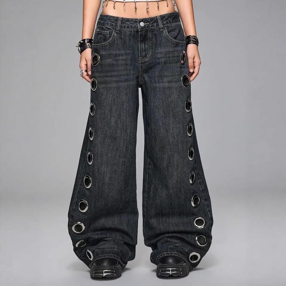 American Retro Street Ring Ripped Design Loose Straight Women's Jeans