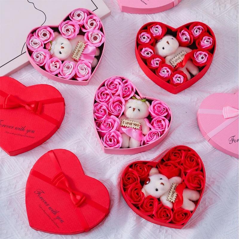 10 Artificial Flowers Valentines Day Gift For Her Rose Gift Box With Cute Bear Romantic Mothers Day Wedding Home Party Decor