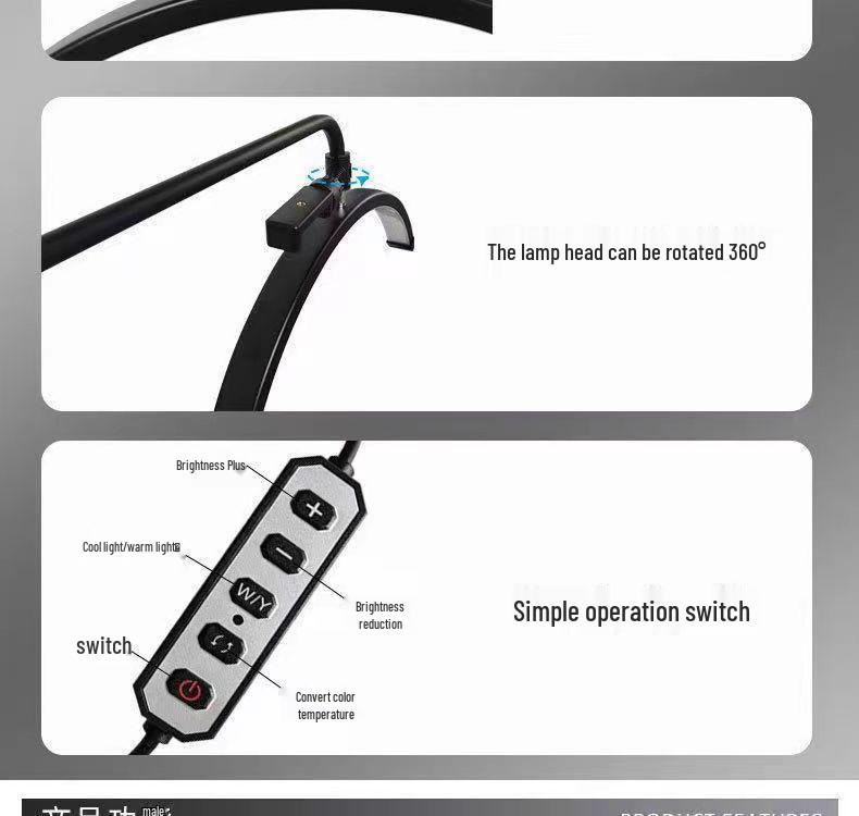 24-inch Half-Moon LED Beauty Lamp for Embroidery, Nail Art, Eyebrow & Eyelash Application - U-Shaped, Floor-Standing Eye Protection Fill Light