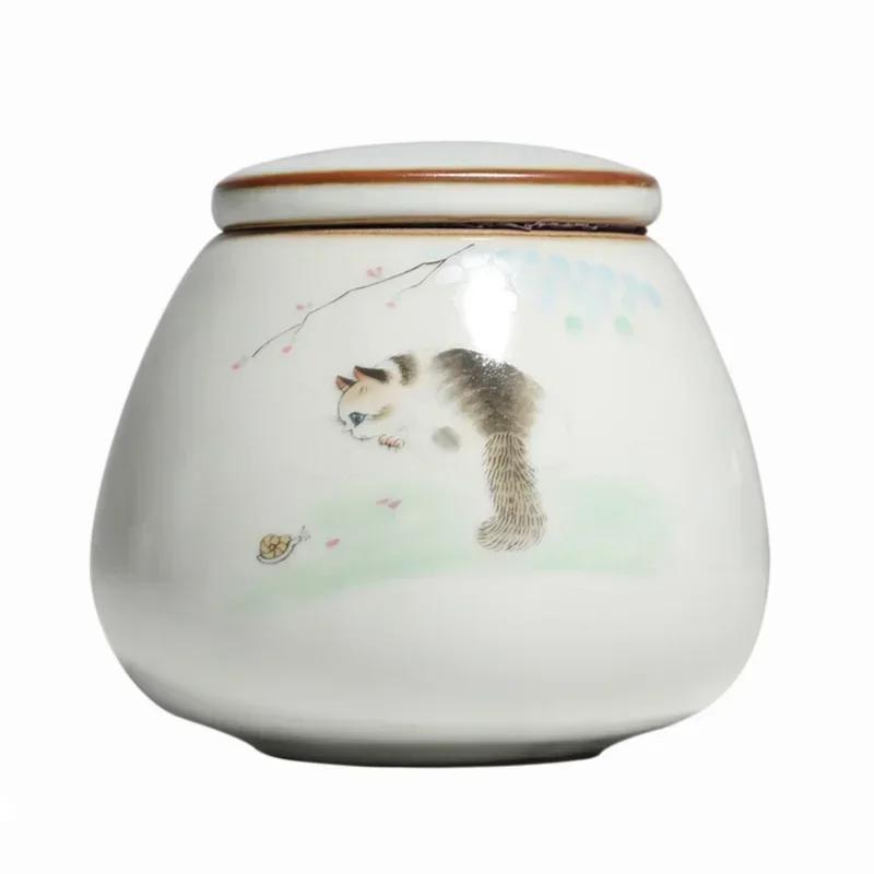 Chinese Ru Kiln Ceramics Tea Caddy Cute Cat Pattern Sealed Tea Leaf Container Travel Tea Bag Storage Box Kitchen Spice Organizer