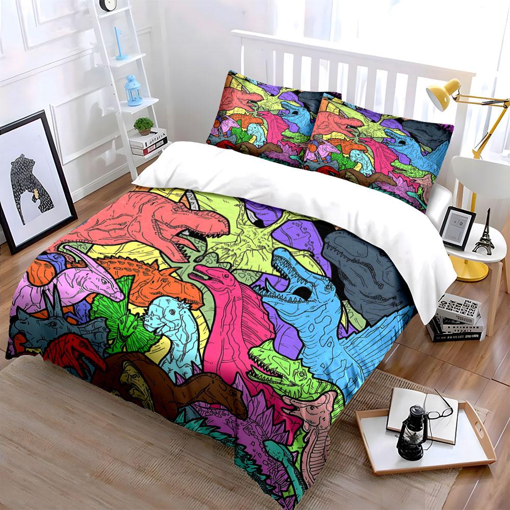 Colorful Dinosaur Cartoon Illustration Print Bedding Set 1Duvet Cover 2 Pillowcases For Adult And Children Luxury Gift Full Size