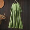Women Vintage Dresses O-Neck Half Sleeve Soft Solid Color Summer Casual A-Line Female Dress