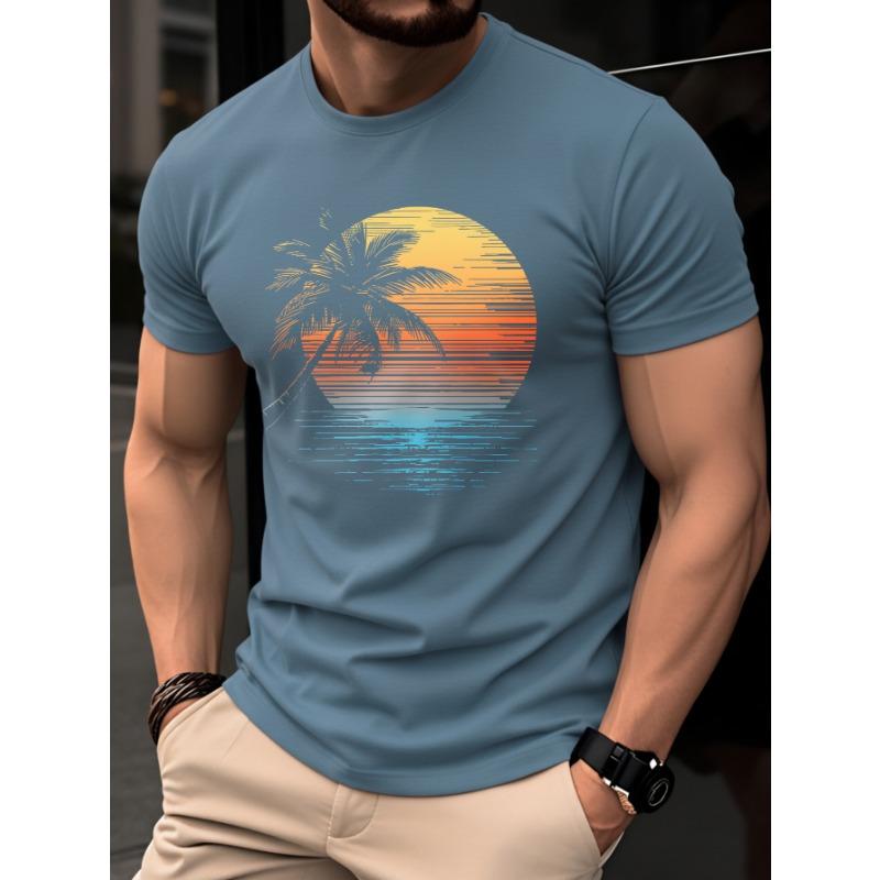 Men's Summer Casual Fashion Sunset Palm Tree Print Crew Neck Short Sleeve T-Shirt