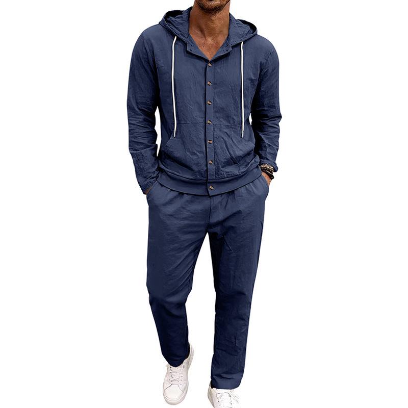 Men's Hooded Linen Shirt and Pants Set - European Casual Style