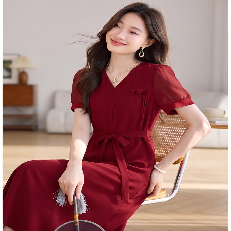 Sanpowa V-Neck Chiffon A-Line Midi Dress
