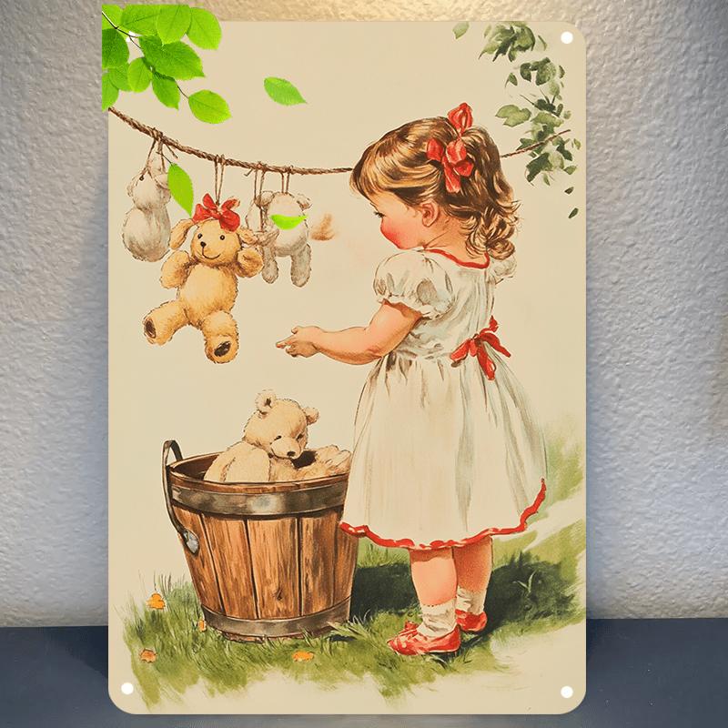 x Inch Vintage Teddy Bear Laundry Iron Sign  Cute Style Bathroom Room Decor