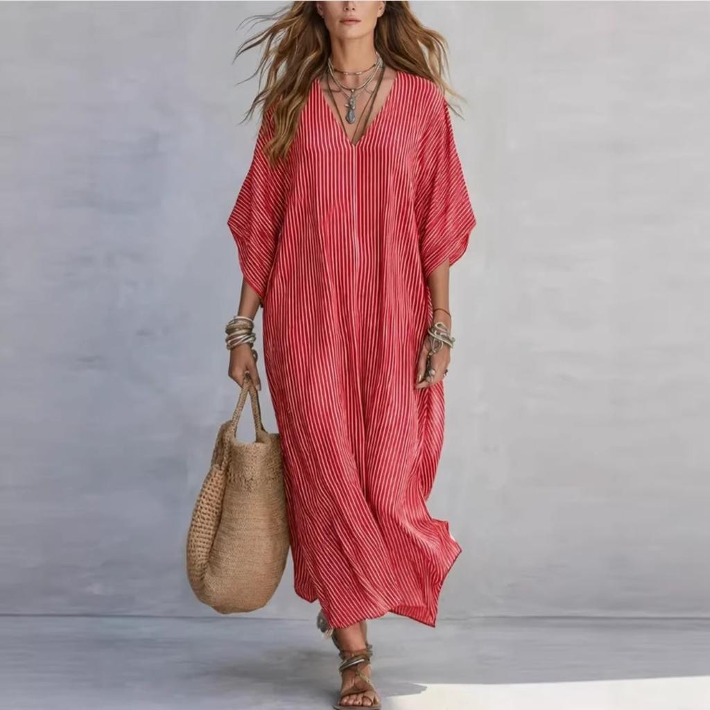 New Fashion V-neck Striped Loose Casual Long Dress for Women European American Vacation Dress