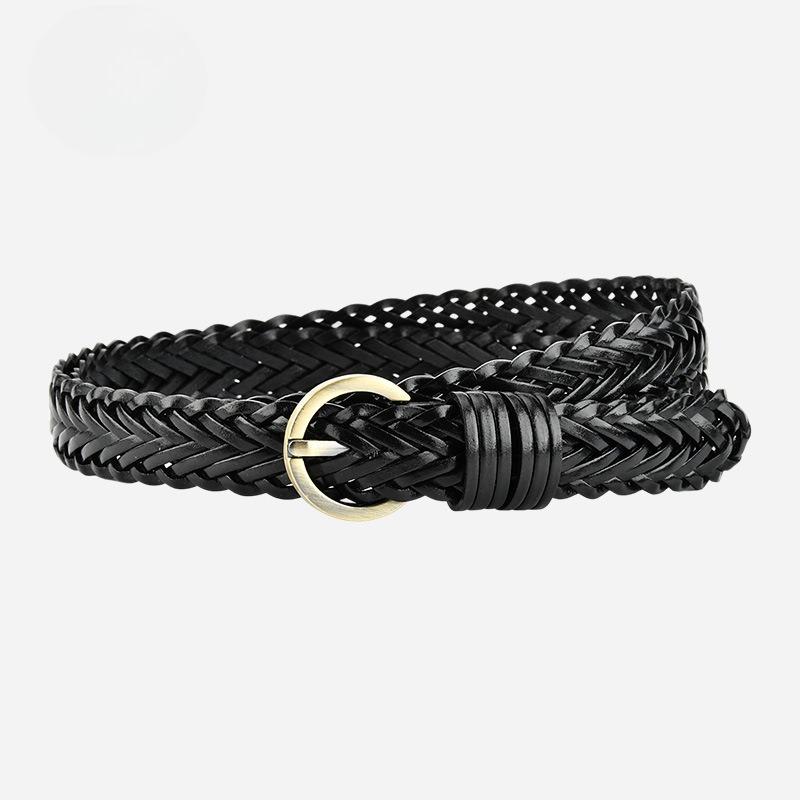 Women's Hand-woven Thin Belt Round Alloy Buckle Dress Belt Trendy Decorative Belt Women
