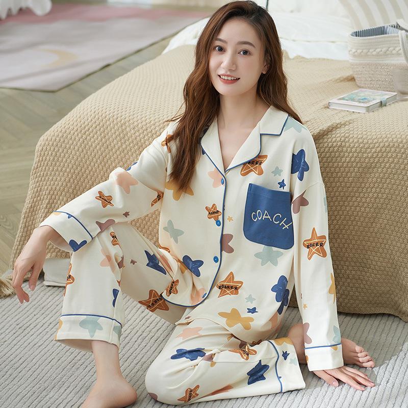 Pajamas Women's Spring and Autumn 100% Pure Cotton Long-sleeved Thin 1011 New Spring and Summer High-end Loungewear Set