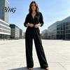 Women Wide Leg Pants V Neck Long Sleeves Jumpsuit, Collared One Piece Romper with High Waisted Jumpsuits Belt, Solid Color Dressy Casual Fall Outfits