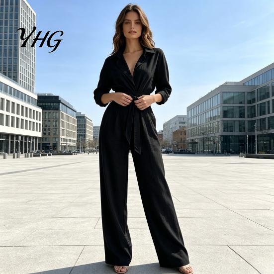 Women Wide Leg Pants V Neck Long Sleeves Jumpsuit, Collared One Piece Romper with High Waisted Jumpsuits Belt, Solid Color Dressy Casual Fall Outfits