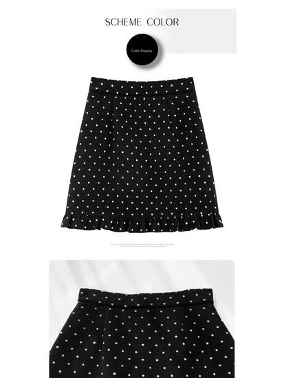 Black Polka Dot Bodycon A-Line Woolen Skirt, Elastic High Waist, Ruffle Hem, Spring/Autumn Fit for Plus Size Women