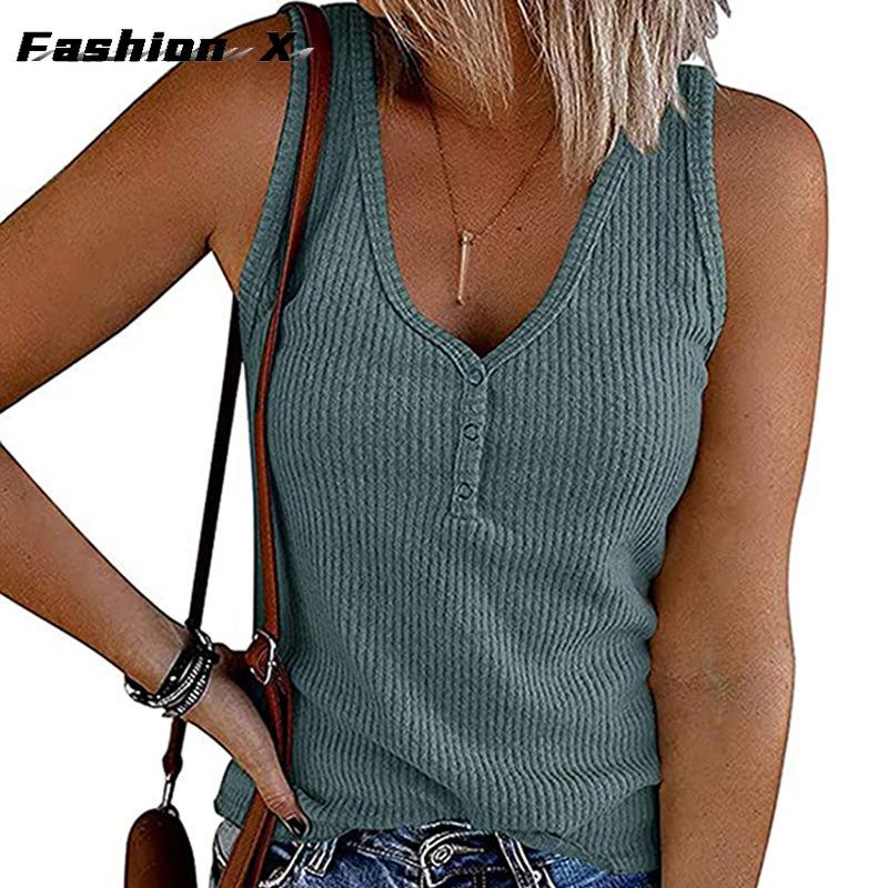 Summer New Europe and The United States Women's Buckle Knitted Undershirt Solid Color V-neck Sleeveless Blouse Female