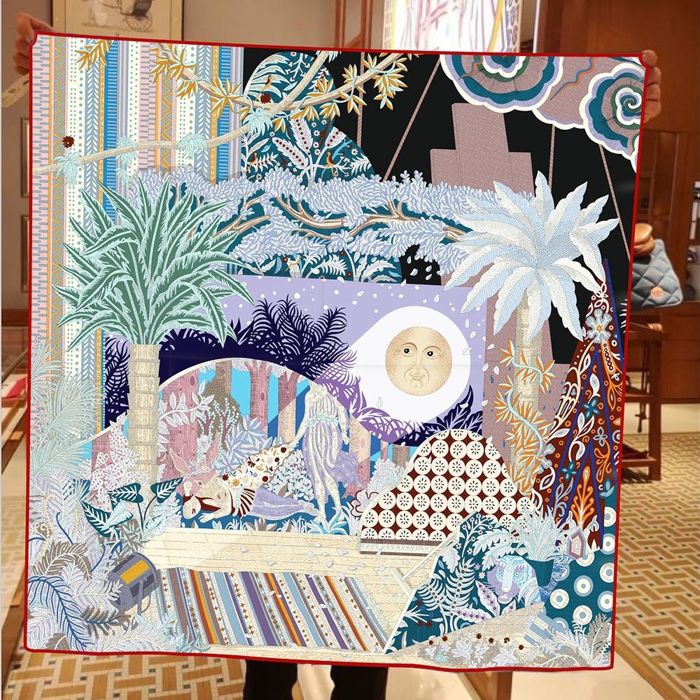 Twill Silk Scarf Fashion Shawl Luxury Brand Forest Night Square Scarf Women Hijab Bandana Foulard Neckerchief Head Scarves