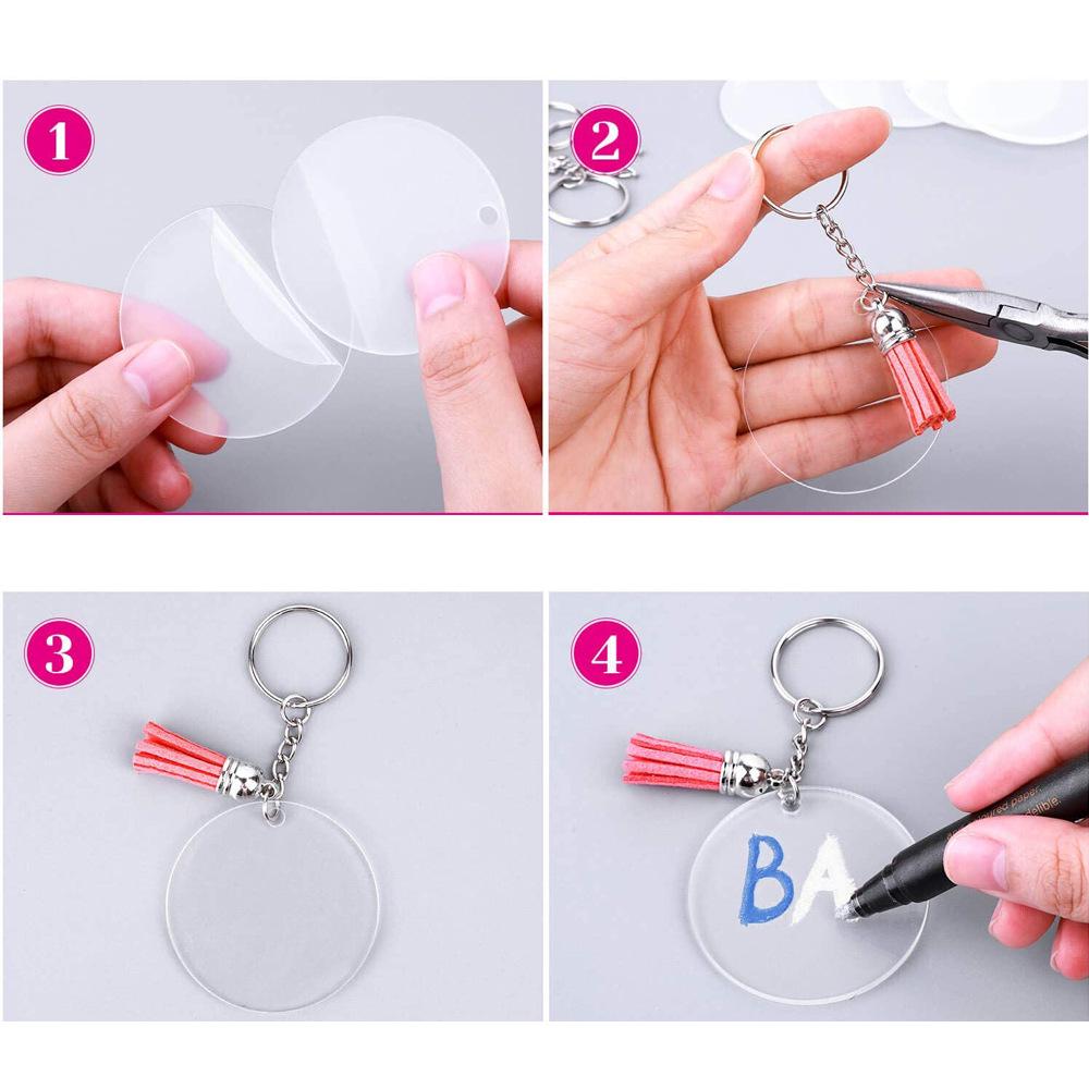 120-Piece Acrylic Keychain Set with Tassels and Small Spike Pendants, Transparent Round Blanks