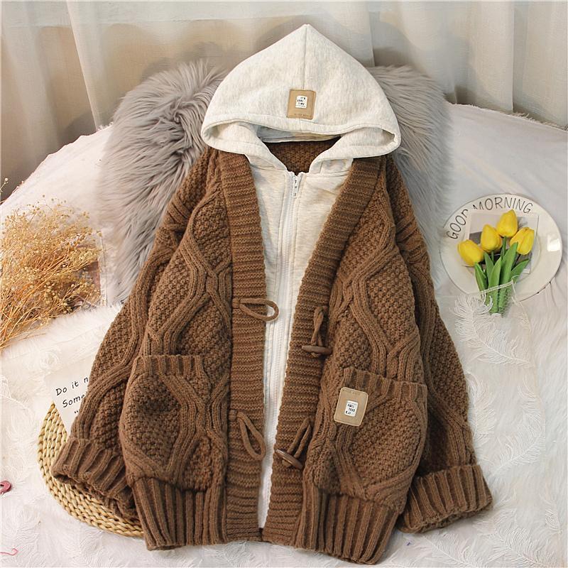 

Women s Hooded Cable Knit Cardigan - Autumn/Winter Mid-Length Loose, Thickened Sweater Coat 4XL