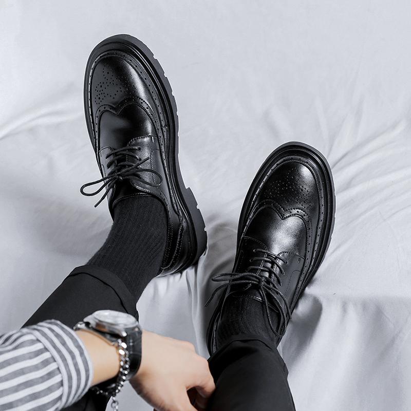 Leather shoes summer platform heightened British style Brock business dress black wedding groom shoes
