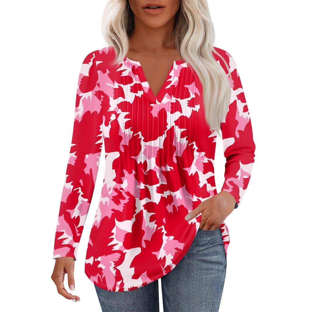 Damenmode Lässig Plissiert V-Ausschnitt Einfarbig Langarm T-Shirt Elegante Oberteile