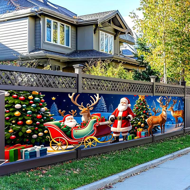 

2D Winter Christmas Fence Backdrop Santa Sleigh Reindeer and Tree Decor 47.2x31.5inch/120*80cm