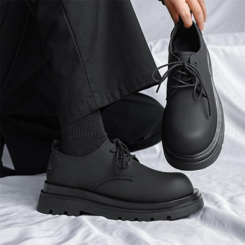 3187 Lederschuhe neu Karbon Schwarz Runde Spitze Leder Dicke Sohle Erhöhende Derby Schuhe Herren Freizeit Business Pendler Herrenschuhe
