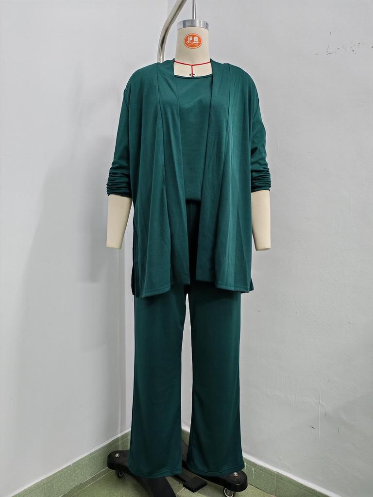 Ensemble trois pièces unicolore pour femme Printemps/Automne 2026: Haut à col rond, Manches courtes, Pantalon long, Manteau de longueur moyenne