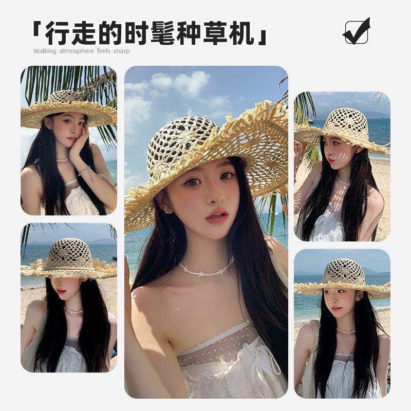 New big brim hollow straw hat women's summer seaside vacation beach sunshade sun protection photo sun hat trend
