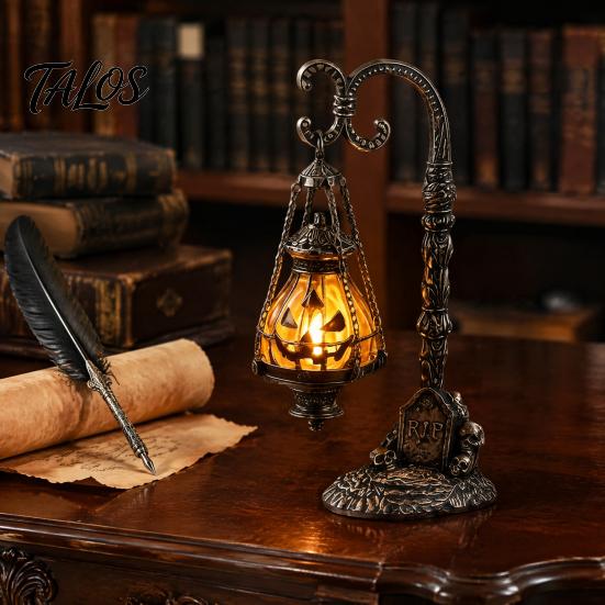 Espeluznante Adorno de Mesa de Resina Calavera Calabaza Gótica Soporte Linterna con Luz Cálida, Lámpara Decorativa de Escritorio Retro Decoración del Hogar, Luz de Atmósfera Curativa