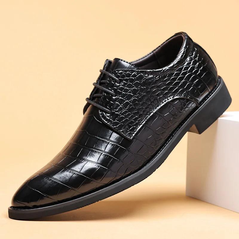 Luxury Brand Men's Leather Shoes Lace Pointy Derby Oxford Print Casual Mens Dress Shoes Man Wedding Party Shoes for Men