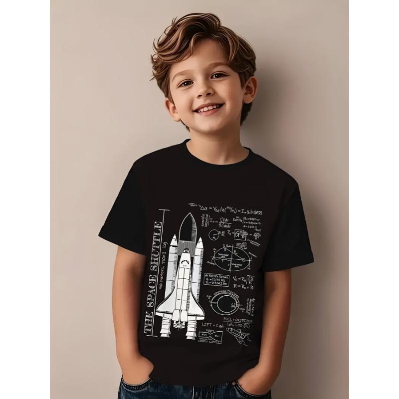 

European sizes Boys And Girls T-Shirts - Educational Space Design, Short-Sleeved Round Neck Regular Fit, Space-Themed Shirt 164cm чорний